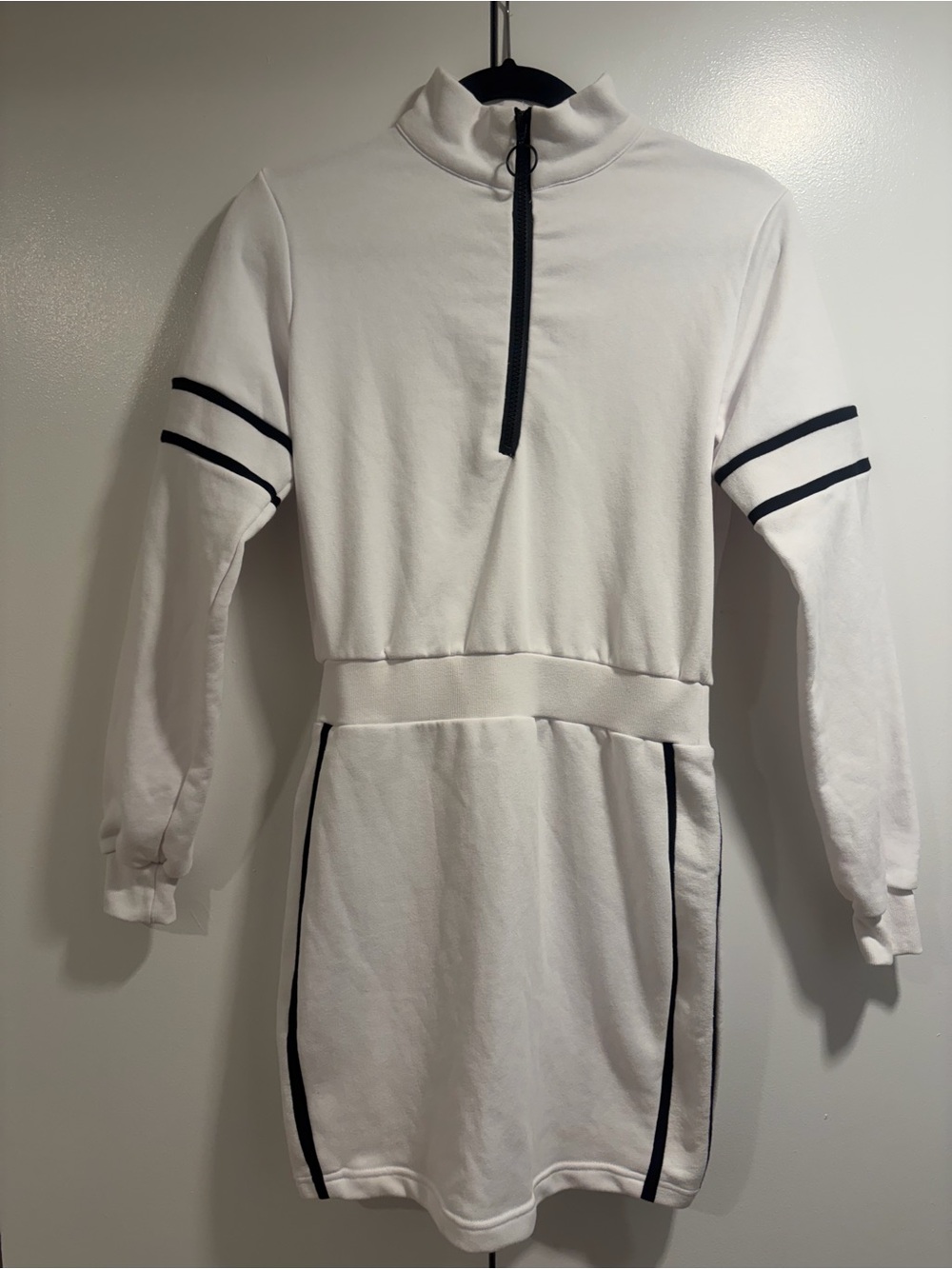White Long Sleeve Pullover Dress with Black Trim